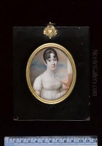 A Lady, Wearing White Dress With Frilled Trim And Ribbon Waistband, Pink Shawl Over Her Left Arm, Her Hair Parted In Curls At The Front, Pillar Background. by George Alken