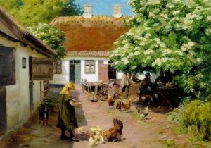 Lille Pige Fodrer Kyllinger Pa Gardspladsen, To Maend Nyder Frokosten Under En Blomstrende Hyld Lille Pige Fodrer Kyllinger Pa Gardspladsen, To Maend Nyder Frokosten Under En Blomstrende Hyld