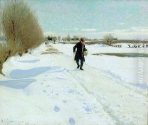 Solbelyst Vinterlandskap Med Promenerande Man by Hans Andersen Brendekilde