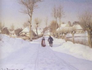 Solrig Vinterdag I Fynsk Landskab, De Gamle Far Sig En Snak Pa Vejen Solrig Vinterdag I Fynsk Landskab, De Gamle Far Sig En Snak Pa Vejen