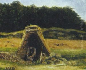 Landskab Med Stenhugger Siddende I Lae For Vejret by Hans Andersen Brendekilde