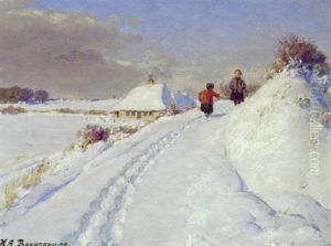 To Sma Piger, Der Leger I Sneen Uden For Et Hus by Hans Andersen Brendekilde
