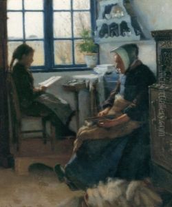 Interior Med Kvinna Och Lasande Flicka Vid Fonstret by Hans Andersen Brendekilde