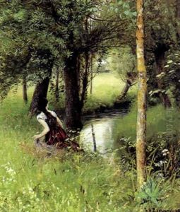 Alob I Skoven Med Ung Pige I Sivene by Hans Andersen Brendekilde