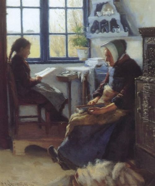 Interior Fra En Bondestue Med Pige Der Laeser Lektier, Og Kone Der Karter Uld - view 1