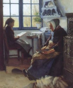 Interior Fra En Bondestue Med Pige Der Laeser Lektier, Og Kone Der Karter Uld by Hans Andersen Brendekilde