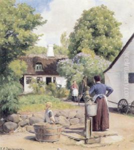 Sommerdag Bag En Strataekt Gard, I Forgrunden Mor Og Barn Ved Bronden, I Baggrunden Blomstrende Kastanjer Og Syrener by Hans Andersen Brendekilde