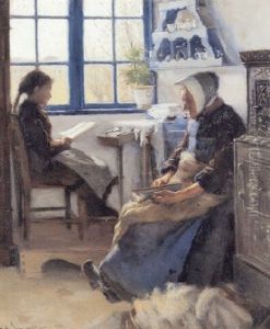 Interior Fra En Bondestue Med En Kone, Der Karter Uld Og En Pige, Der Laeser Lektier Interior Fra En Bondestue Med En Kone, Der Karter Uld Og En Pige, Der Laeser Lektier