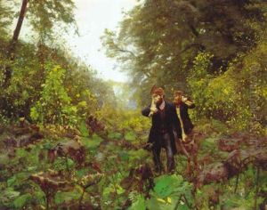 Skovparti Med Skovhuggere, Der Far Oje Pa Dreng I Krattet Skovparti Med Skovhuggere, Der Far Oje Pa Dreng I Krattet