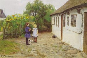 Landsbyidyl Med Born Og Hund Ved Bondehus, I Baggrunden Solsikker