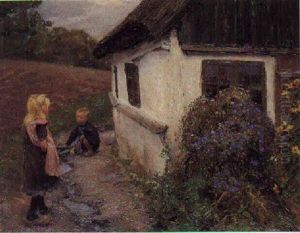 Lille Pige Og Dreng, Der Leger Udfor Bondehus, I Forgrunden Blomstrende Buske by Hans Andersen Brendekilde