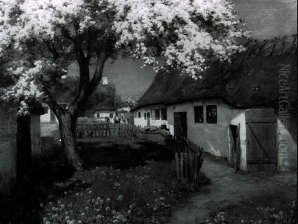 Farmscene With Cottages, Figures And Flowering Apple Tree - view 1