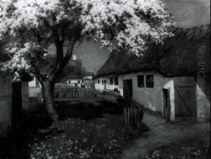 Farmscene With Cottages, Figures And Flowering Apple Tree by Hans Andersen Brendekilde