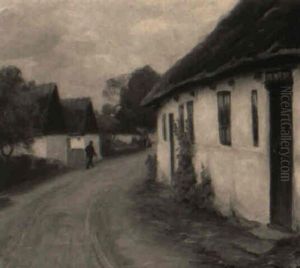 Landsbygade Med Stokroser by Hans Andersen Brendekilde
