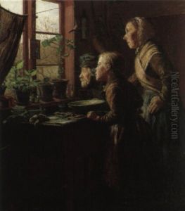 Interior Med Mand, Kvinde Og Lille Pige by Hans Andersen Brendekilde
