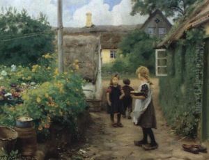 Bymilj" Med Lekande Barn Vid Blommande Tr,dg+rd