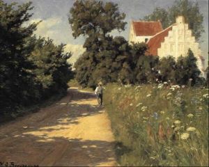 Vej Med Gaende Mand Ved Kirken, Sommer by Hans Andersen Brendekilde
