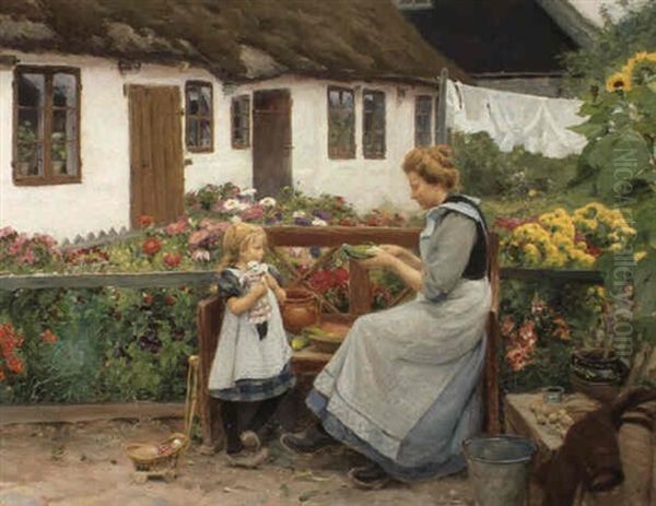 Blomstrende G+rdhave Med Moder Og Lille Pige - view 1