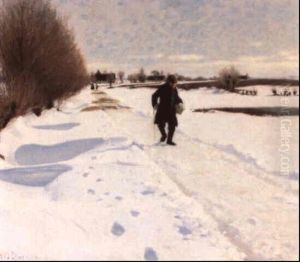 Vinterlandskap Med Promenerande Man Vinterlandskap Med Promenerande Man