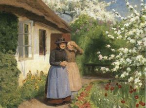 To Bondekoner Staende I Solskin Ved Et Strataekt Bondehus   Omgivet Af Blomster Og Blomstrende Frugttraeer