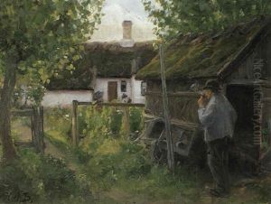 Gammel Mand Der Ryger En Pibe Tobak, Parti Fra Jyllinge by Hans Andersen Brendekilde