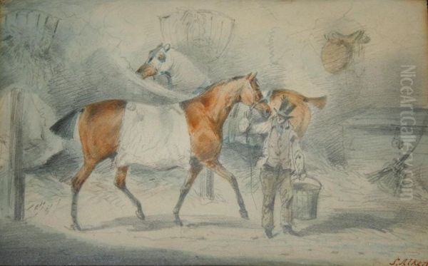 Groom With Two Horses In A Stable - view 1