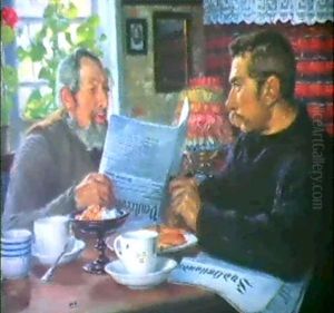 Interior Med To Husmaend Ved Kaffebordet, Siddende Hver Med Sydsjaelladnske Venstreblad.... by Hans Andersen Brendekilde