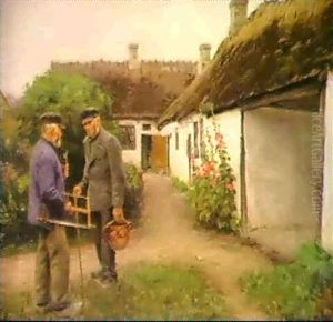 En Handvaerker Og En Bonde I Samtale Uden For Et Gammelt Bondehus En Handvaerker Og En Bonde I Samtale Uden For Et Gammelt Bondehus