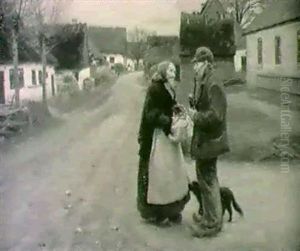 Dansk Byvag Med Man Och Kvinna Samt Hund Dansk Byvag Med Man Och Kvinna Samt Hund