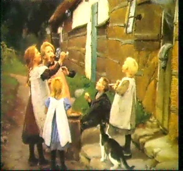 Born Der Blaeser Saebebolder Uden For Et Gammelt Bondehus - view 1