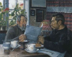 Interior Med Tidningslasande Man by Hans Andersen Brendekilde