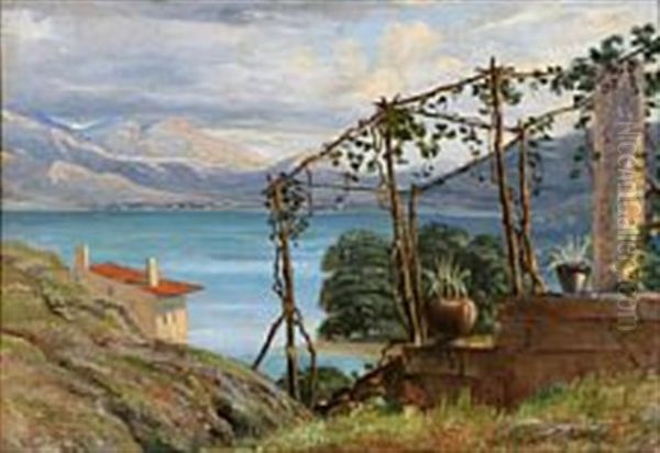An Italian Landscape With A Pergola And View Over A Lake - view 1