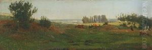 Summer Landscape With Grazing Cow And People On Picnic by Thorald Brendstrup