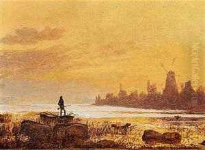 En Jaeger Med Sin Hund Ved En Sobred, I Baggrunden En Molle by Thorald Brendstrup