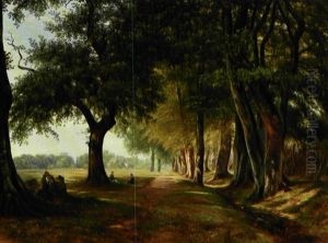 Parti Fra Dyrehaven Med To Born Siddende Under Et Gammelt Egetrae, Sommer by Thorald Brendstrup