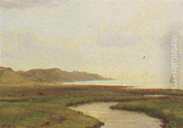 Englandskab Med Figurer Og Koer, I Baggrunden Fjord - view 1