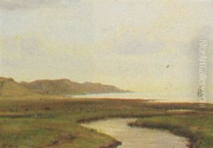 Englandskab Med Figurer Og Koer, I Baggrunden Fjord by Thorald Brendstrup