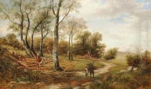 Efterarslandskab Med Lille Pige Og Hendes Far, Der Sanker Braende by Carl Christian Brenner