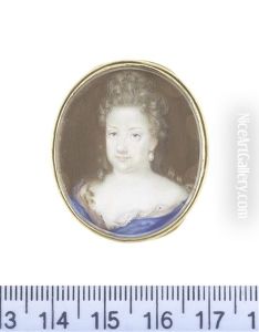 A Lady, Wearing Decollete Blue Robe With Pink Lining And White Underslip, Pearl Pendant Earring, Her Brown Hair Upswept With Ringlets Falling... by Elias Brenner