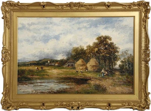 Hay Stacks, Farm Animals And Figures By A Pond - view 1