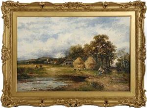 Hay Stacks, Farm Animals And Figures By A Pond