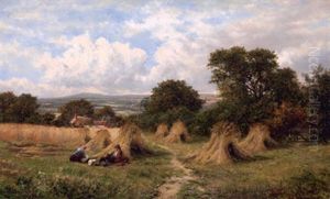 Figures In A Field With Haystacks, Distant Valley