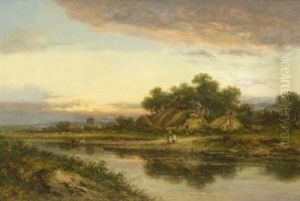 Abendliche Dorflandschaft Mit Fluss Abendliche Dorflandschaft Mit Fluss