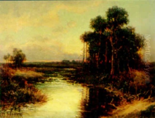 River Landscape At Sunset - view 1