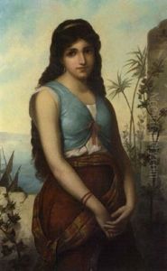 Portrait Of A Girl With A Tambourine Against A Coastal Landscape