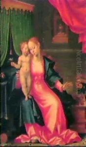 Madonna Mit Kind, In Einer Mit Bluten Besaten Kammer An     Einer Fruchtschale Sitzend