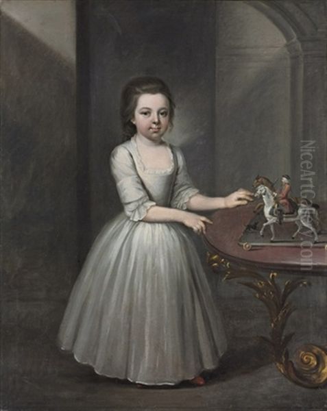 Portrait Of A Young Girl In An Oyster Satin Dress, By A Table With A Figurine Of A Soldier On Horeseback - view 1