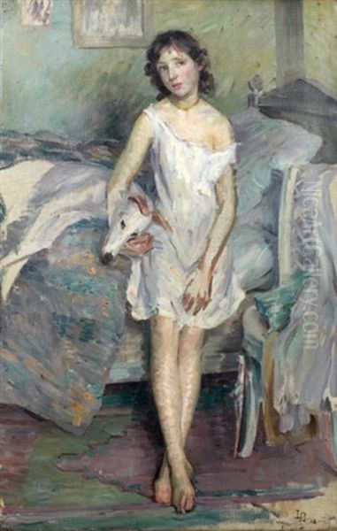 Jeune Fille Sur Un Lit Et Son Chien (+ Fleurs, Verso) - view 1