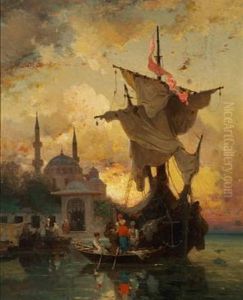 Night Scene In Constantinople With Men In A Sailing Boat
