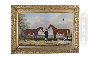A Hunt Servant, Believed To Be Dixon Holding Hunters In A Landscape by Thomas W. Bretland